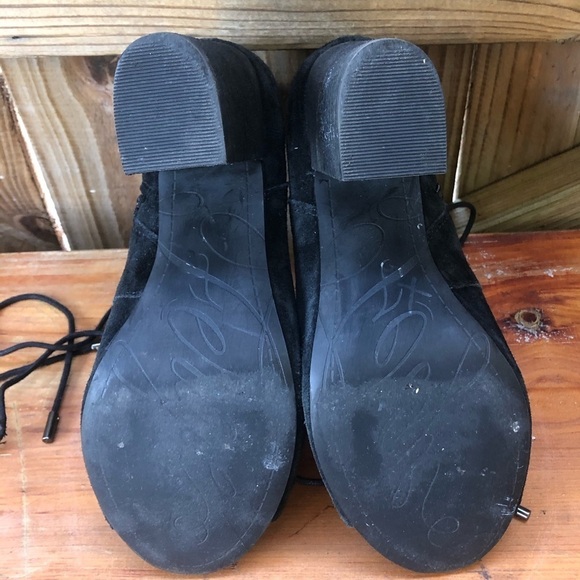 Fergie Black Suede Riviera Open Toe Lace-Up Stacked Heel Booties - Picture 6 of 10